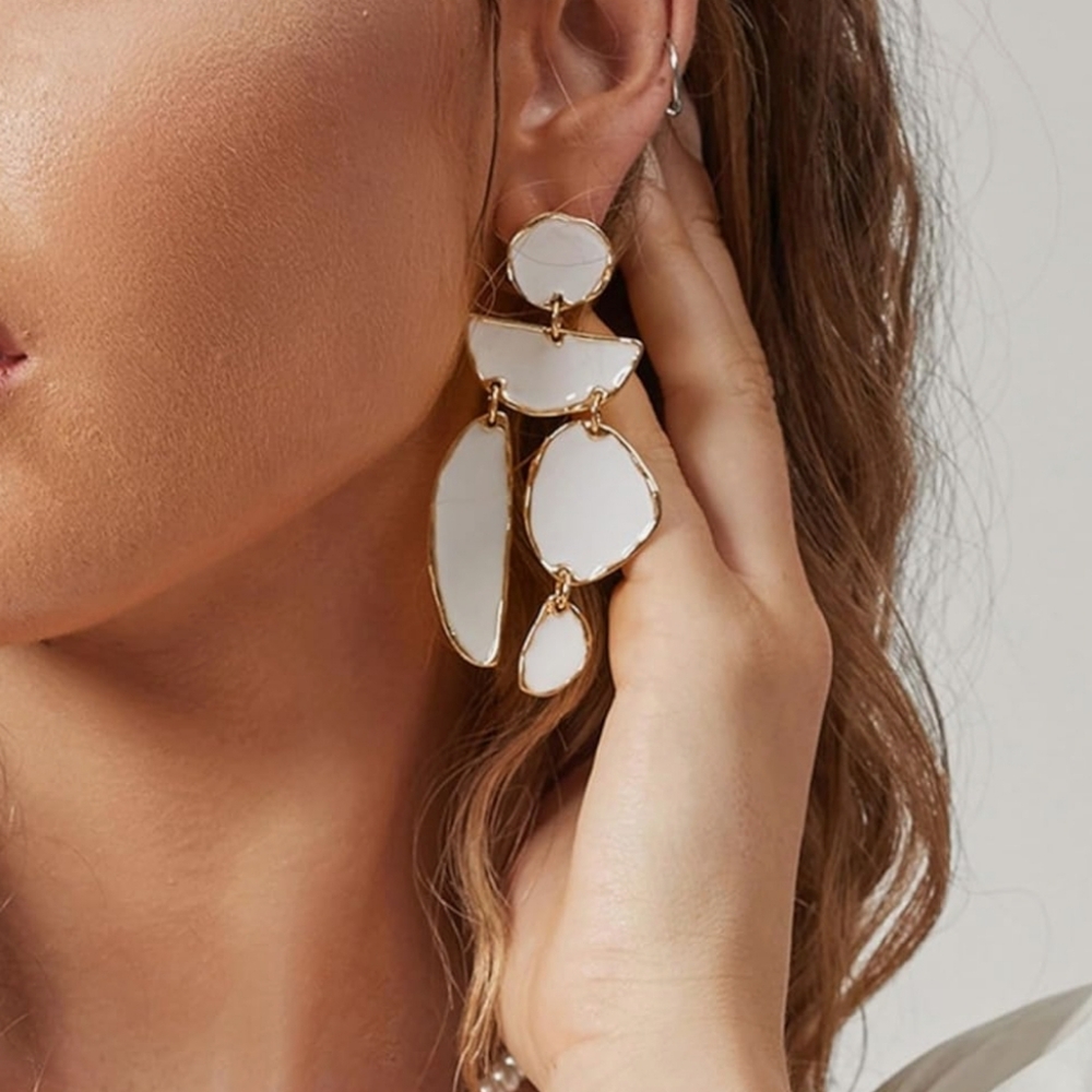 Earrings White Glam with Gold-Dangle Geometric Pattern-Anthropologie NWT